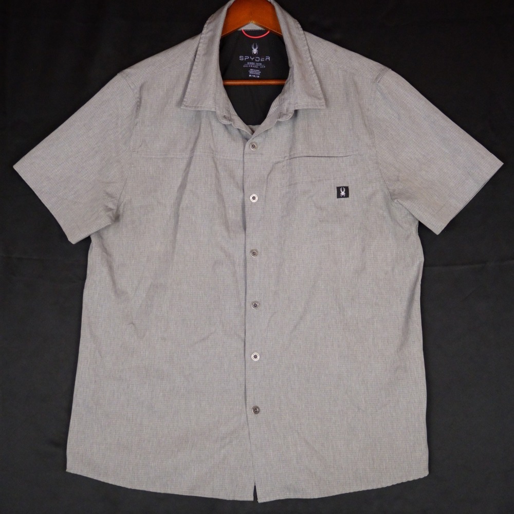 Spyder Button Down Shirt Mens M Gray Short Sleeve Performance Polyester Blend